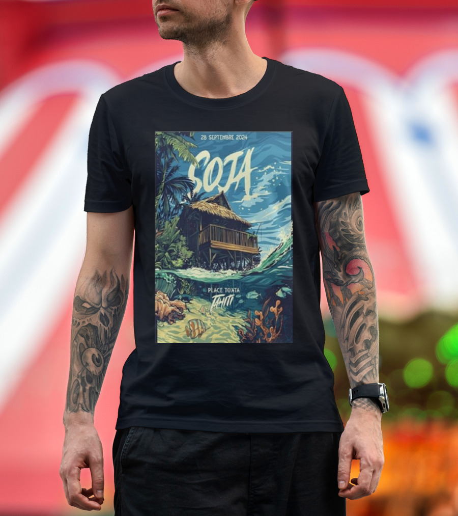 Soja Live at Place To'Ata Tahiti 28 September 2024 Beach Hut and Ocean T-Shirt