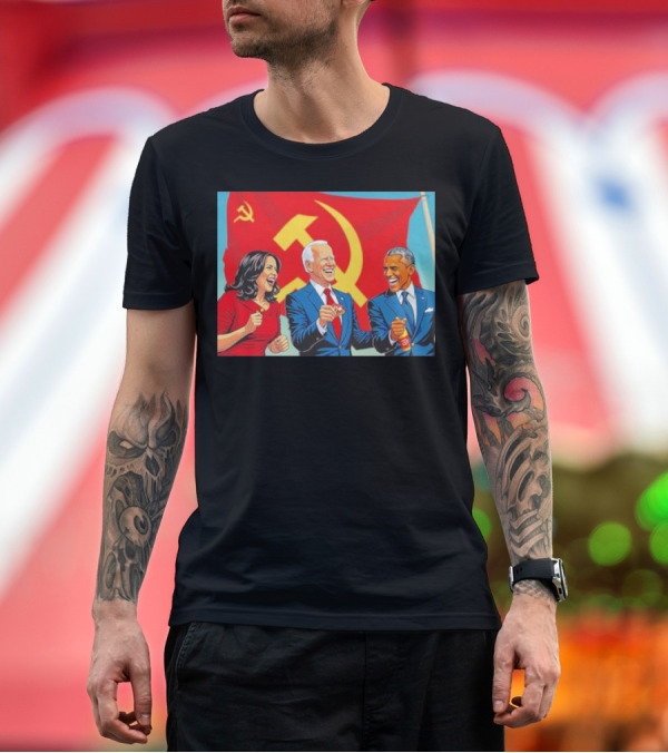 Premium T-Shirt: Harris Biden Obama Cartoon in Front of Communism Flag T-Shirt Harris Biden Obama Cartoon in Front of Communism Flag T-Shirt