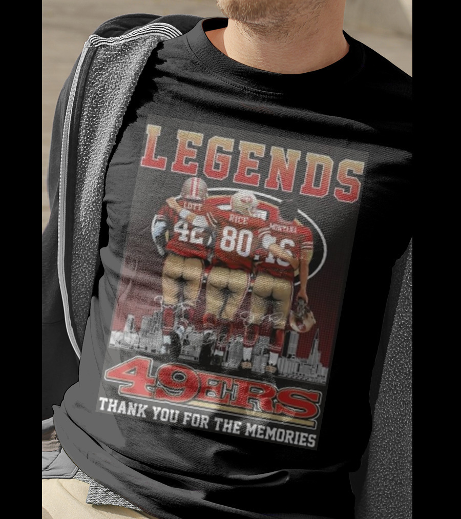 49ers Legends Montana Rice Lott Thank You For The Memories Skyline Signatures T-Shirt