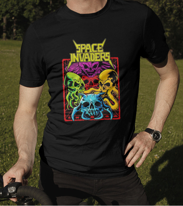 Space Invaders Neon Skull Cthulhu Quartet T-Shirt