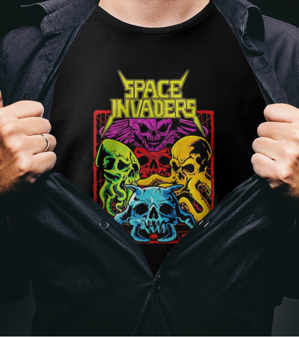 Space Invaders Neon Skull Cthulhu Quartet T-Shirt