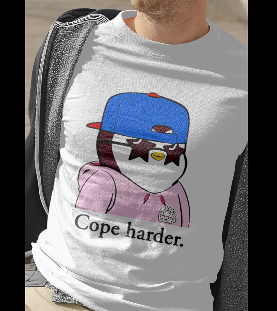 Pudgy Penguin Cope Harder Star Shades Blue Cap Pink T-Shirt