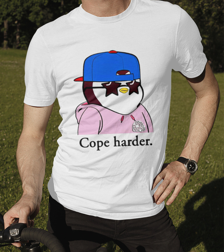 Pudgy Penguin Cope Harder Star Shades Blue Cap Pink T-Shirt