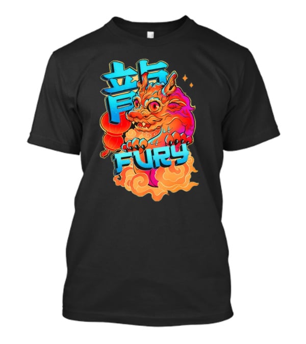 Dragon Fury Vibrant Mythical Creature With Neon Chinese Characters T-Shirt