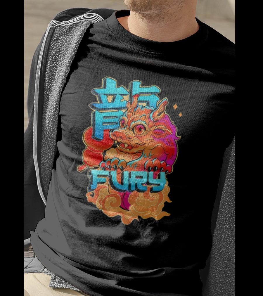 Dragon Fury Vibrant Mythical Creature With Neon Chinese Characters T-Shirt