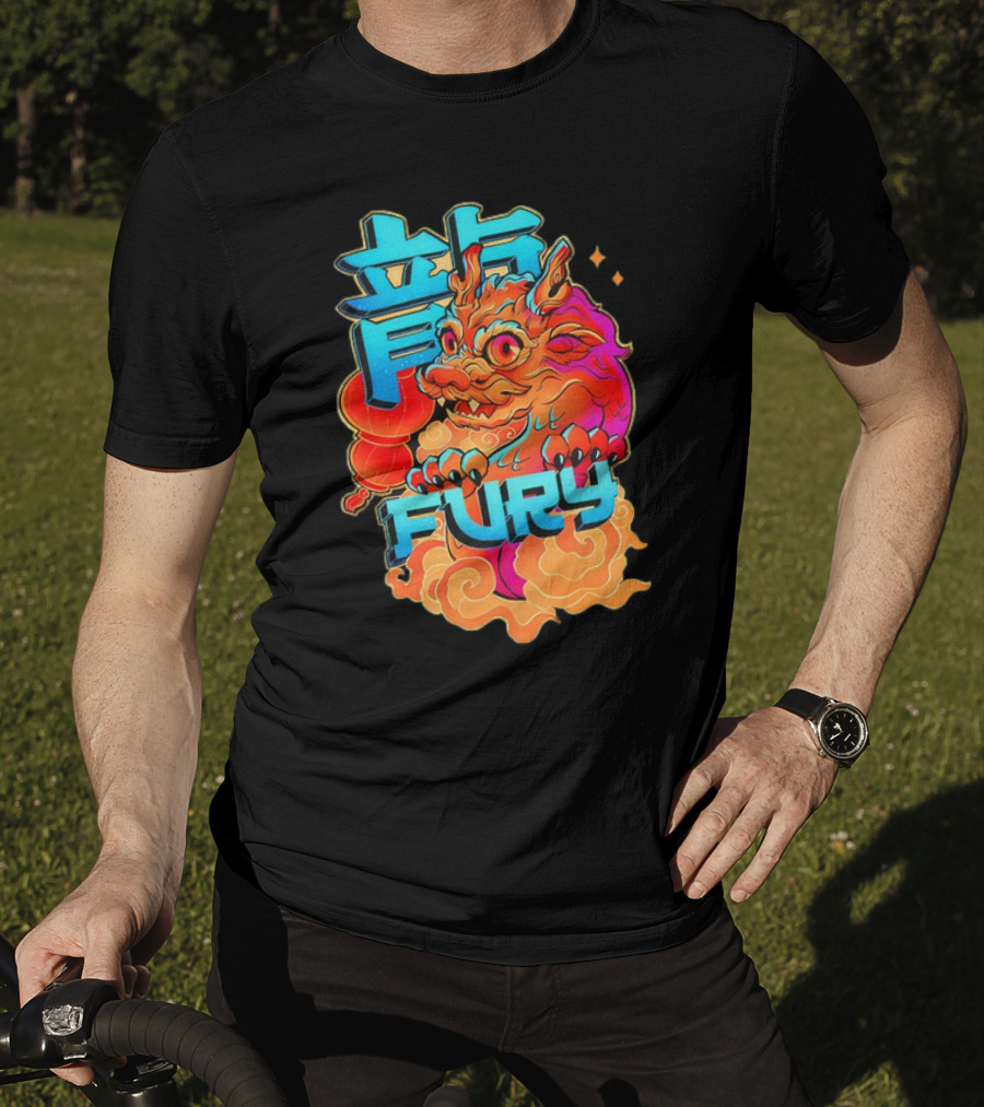 Dragon Fury Vibrant Mythical Creature With Neon Chinese Characters T-Shirt