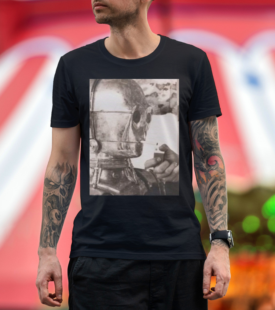 Funny Ahh Tees Cig3po Robot Smoking Cigarette Retro Humorous T-Shirt