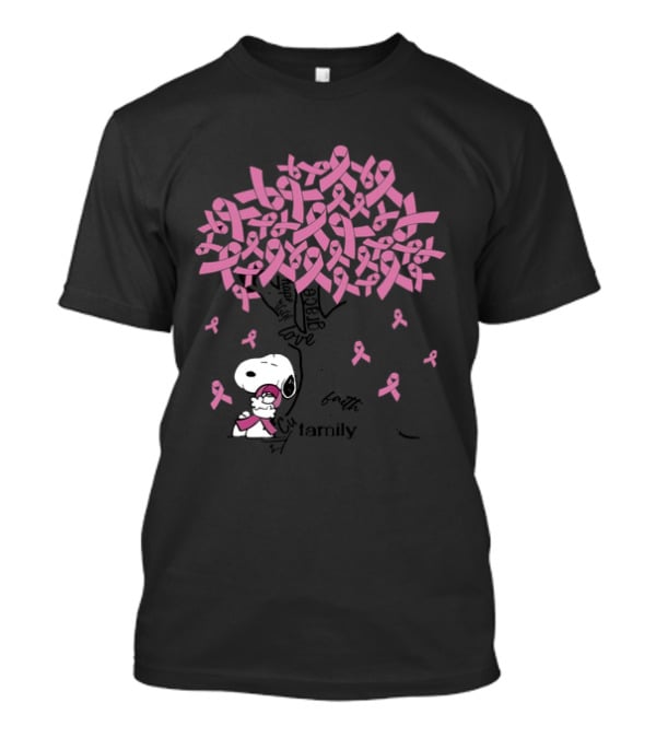 Snoopy Peanuts Breast Cancer Awareness Pink Ribbon Tree Faith Love Family T-Shirt