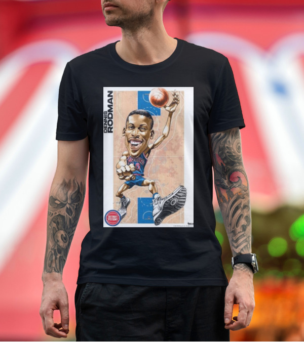 Premium T-Shirt: Dennis Rodman Detroit Pistons Caricature Basketball Art with Classic Sneakers T-Shirt Dennis Rodman Detroit Pistons Caricature Basketball Art with Classic Sneakers T-Shirt