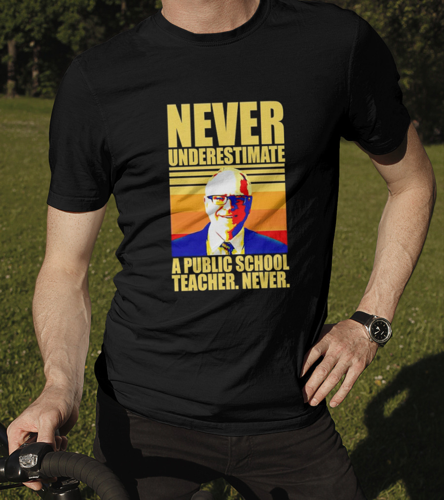 Never Underestimate A Public School Teacher Never Tim Walz Vintage Retro Stripes T-Shirt
