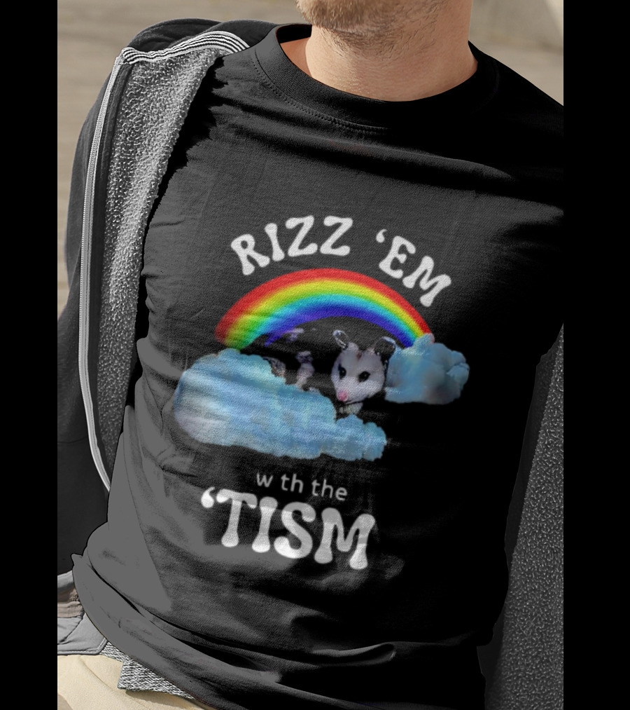 Rizz 'Em With The Tism Opossum Rainbow Clouds T-Shirt