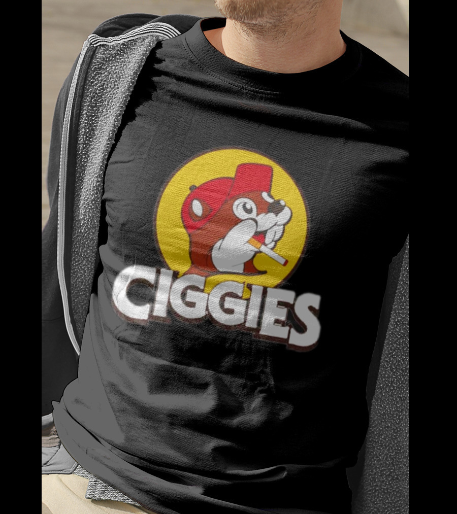 Buc-ees Ciggies Beanie Wearing Animal Carton Smoking Humorous T-Shirt