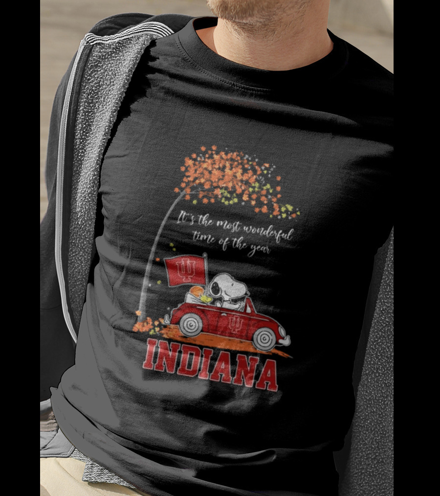 Indiana Hoosiers Snoopy And Woodstock Driving Car Fall It’s The Most Wonderful Time Of The Year T-Shirt