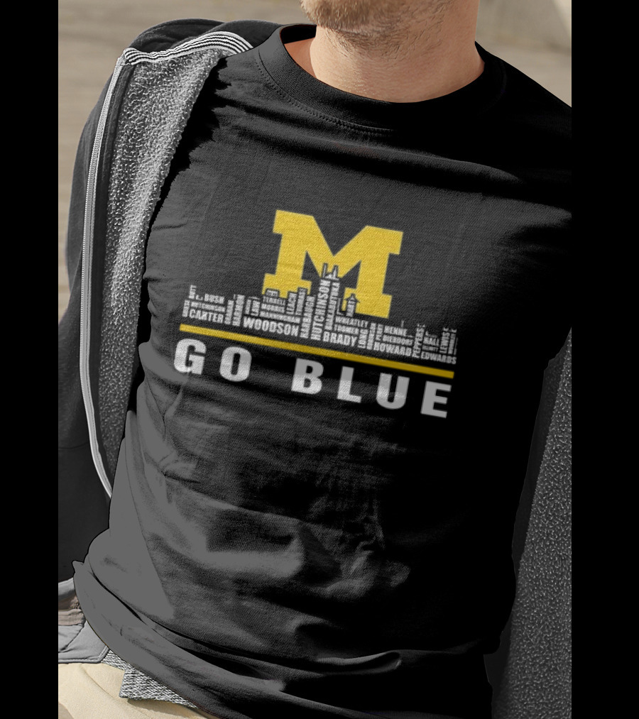 Michigan Wolverines Go Blue Skyline With Woodson Hutchinson Brady Names T-Shirt