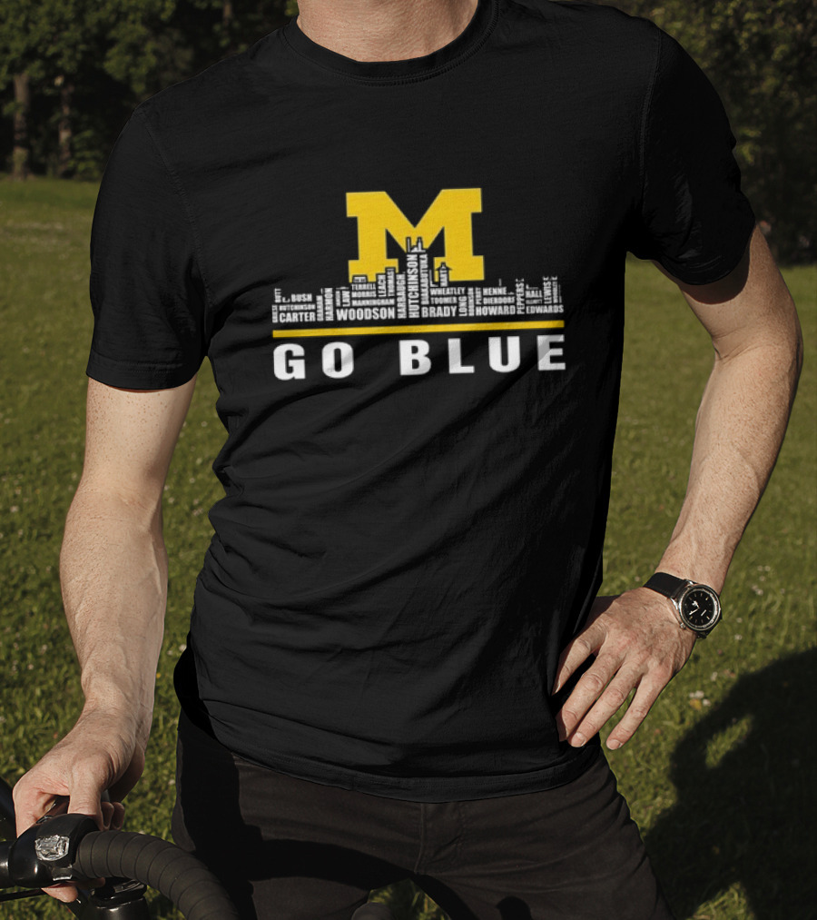 Michigan Wolverines Go Blue Skyline With Woodson Hutchinson Brady Names T-Shirt