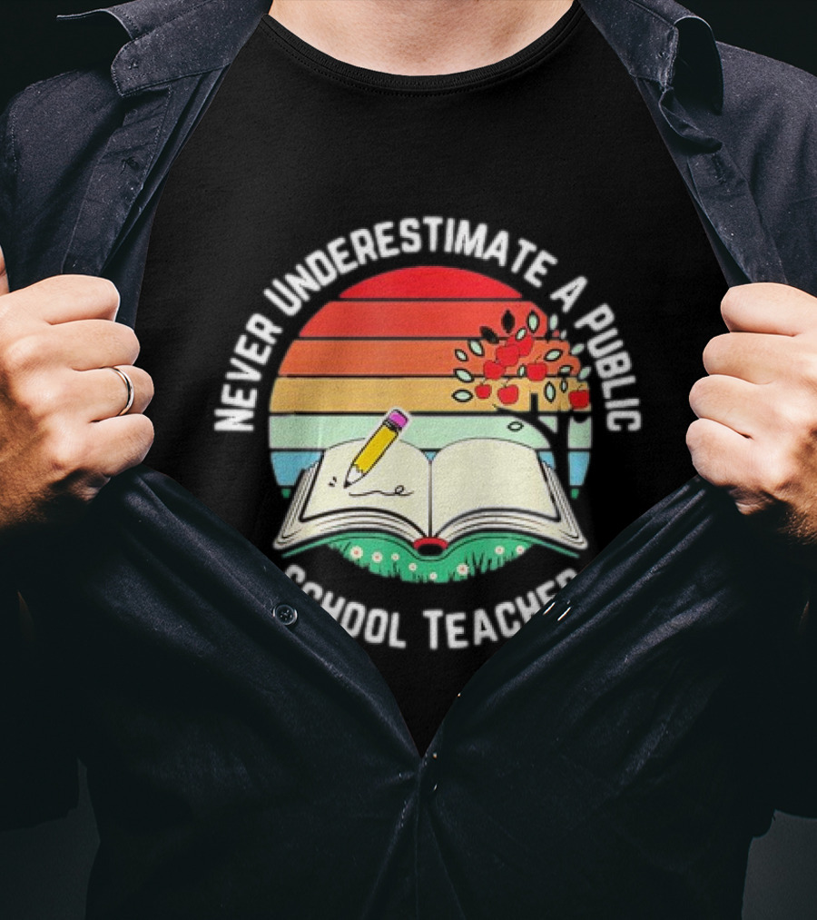 Never Underestimate A Public School Teacher Retro Vintage Open Book Pencil Sunset T-Shirt