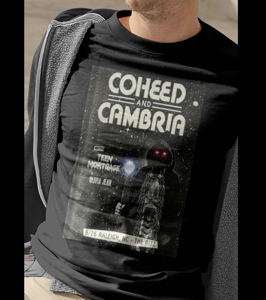 Coheed And Cambria 8/26 Raleigh NC The Ritz With Teen Mortgage Olivia Jean Mysterious Hooded Figure With Cosmic Background T-Shirt
