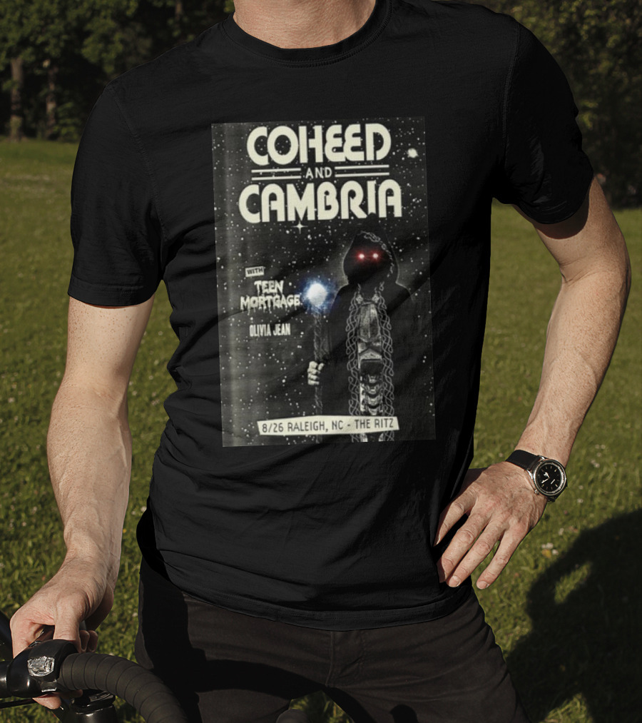 Coheed And Cambria 8/26 Raleigh NC The Ritz With Teen Mortgage Olivia Jean Mysterious Hooded Figure With Cosmic Background T-Shirt