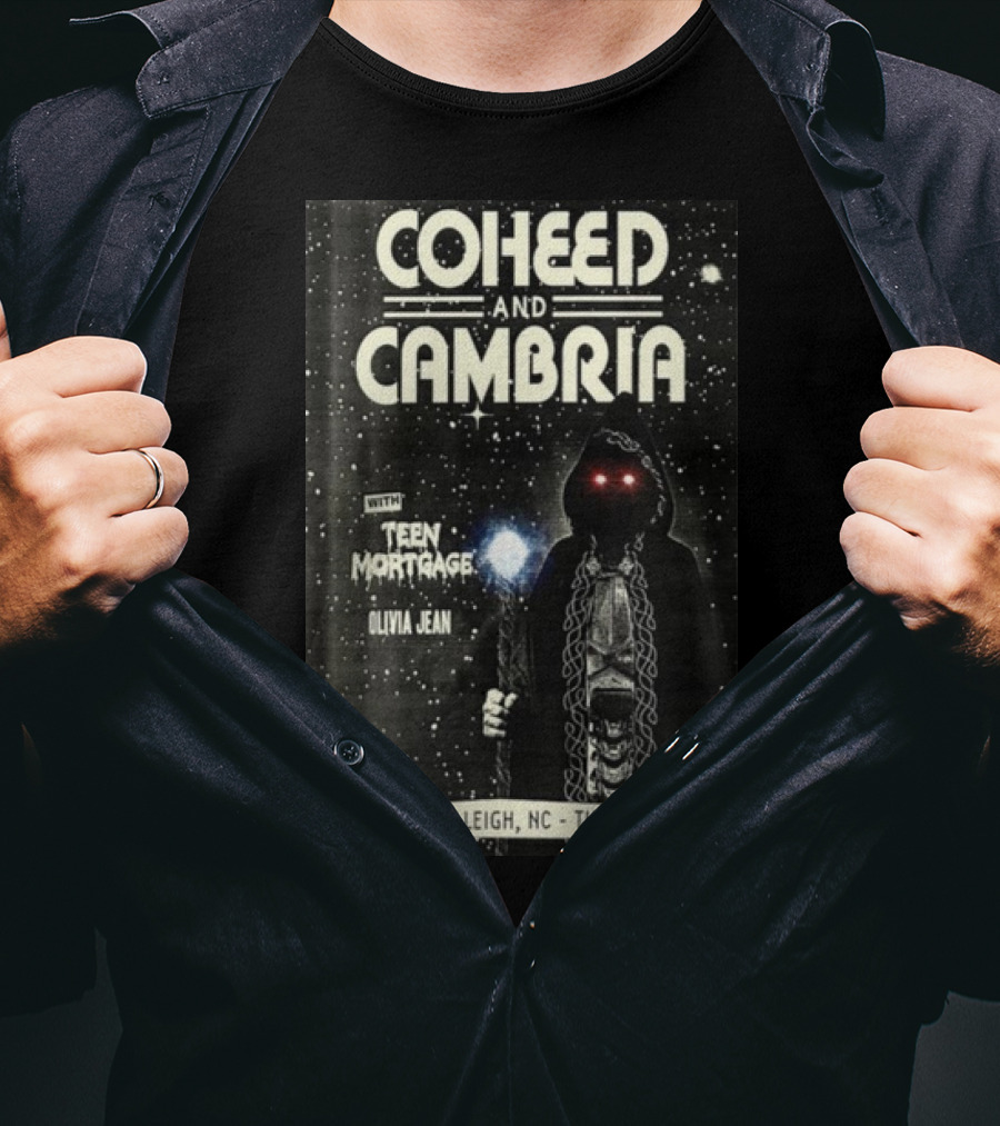 Coheed And Cambria 8/26 Raleigh NC The Ritz With Teen Mortgage Olivia Jean Mysterious Hooded Figure With Cosmic Background T-Shirt