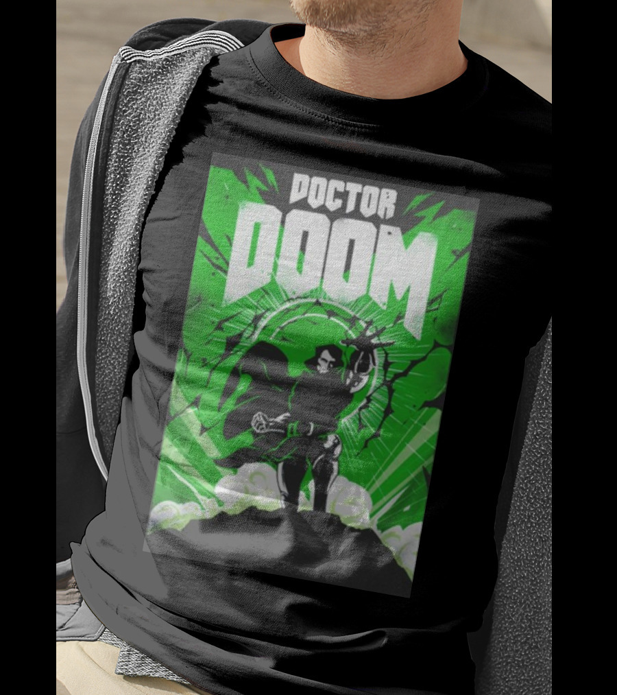 Doctor Doom Doomsday Green Energy Burst Comic Style Villain Power Stance T-Shirt