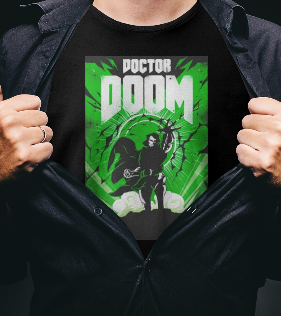 Doctor Doom Doomsday Green Energy Burst Comic Style Villain Power Stance T-Shirt