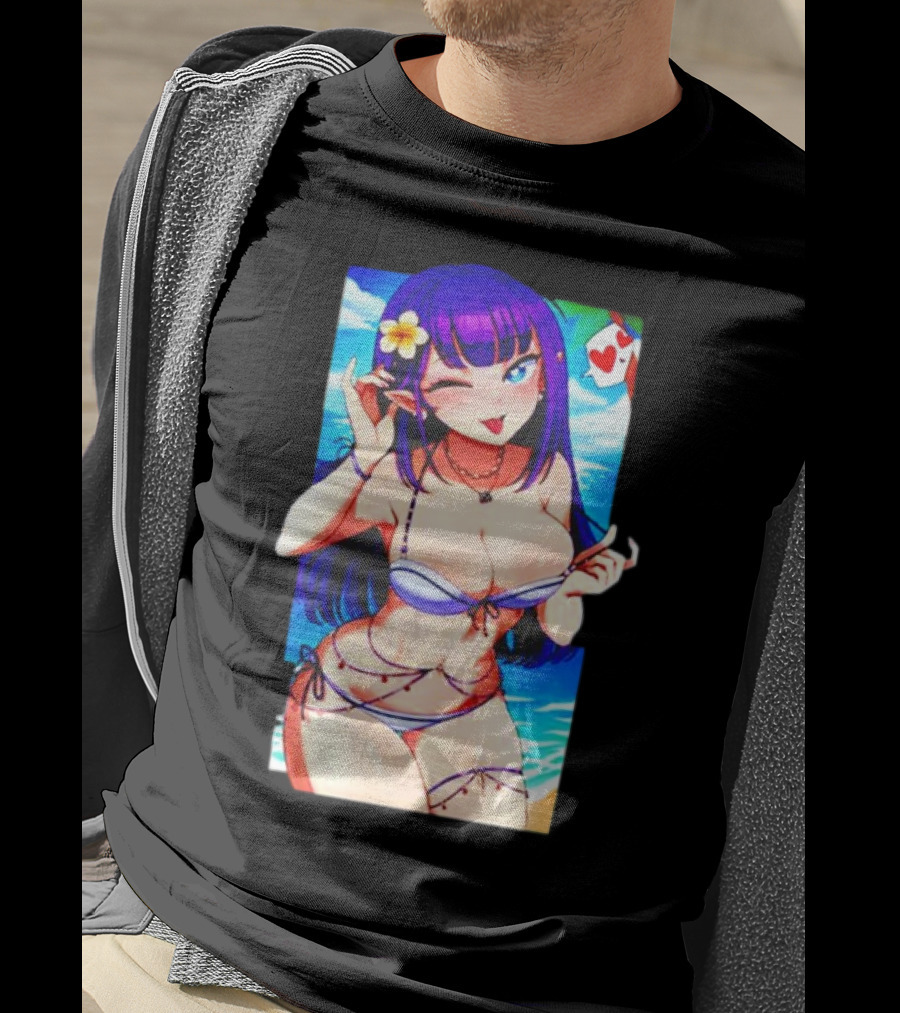 Hot Waifu Chika Fujiwara V2 Beach Anime Girl Winking Playing Card Flower Bikini T-Shirt