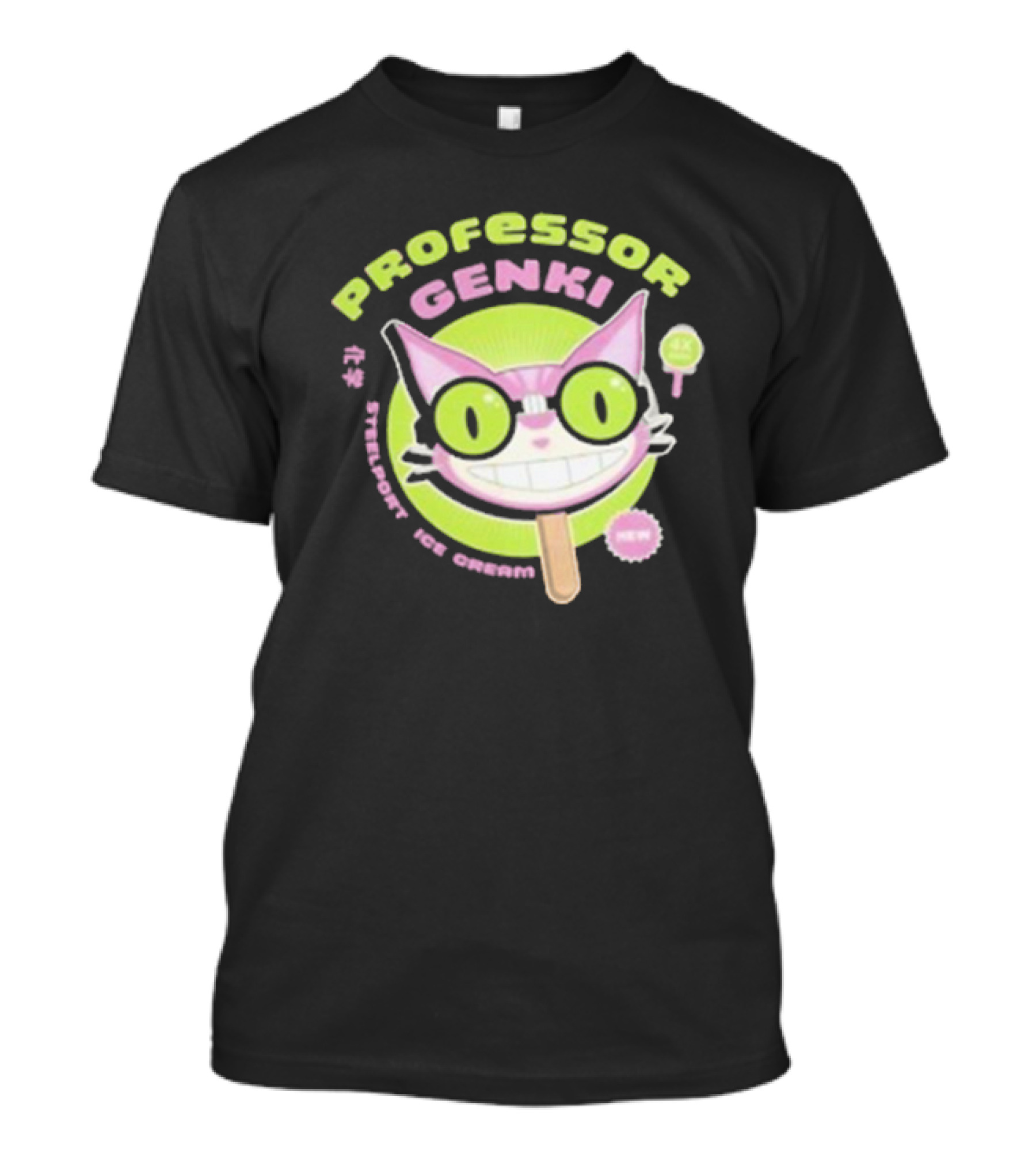 Professor Genki Steelport Ice Cream Cat Neon Green Pink Fun T-Shirt