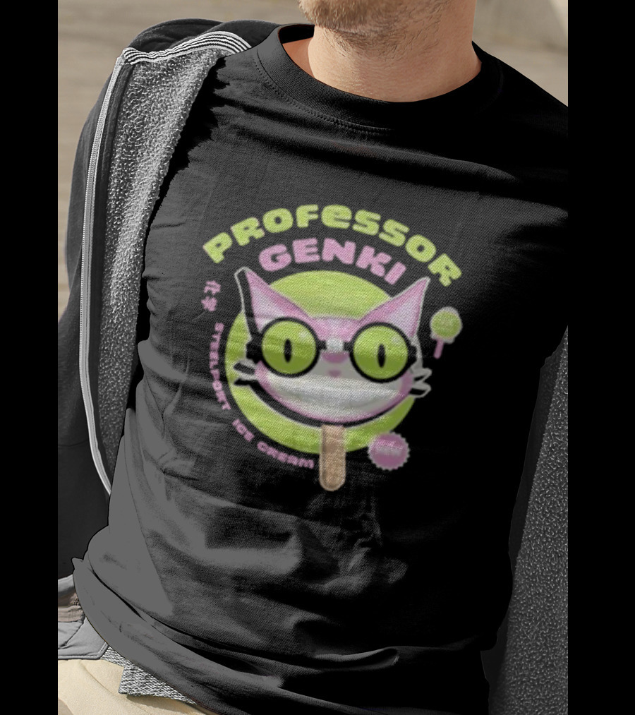 Professor Genki Steelport Ice Cream Cat Neon Green Pink Fun T-Shirt