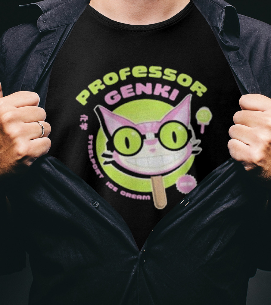 Professor Genki Steelport Ice Cream Cat Neon Green Pink Fun T-Shirt