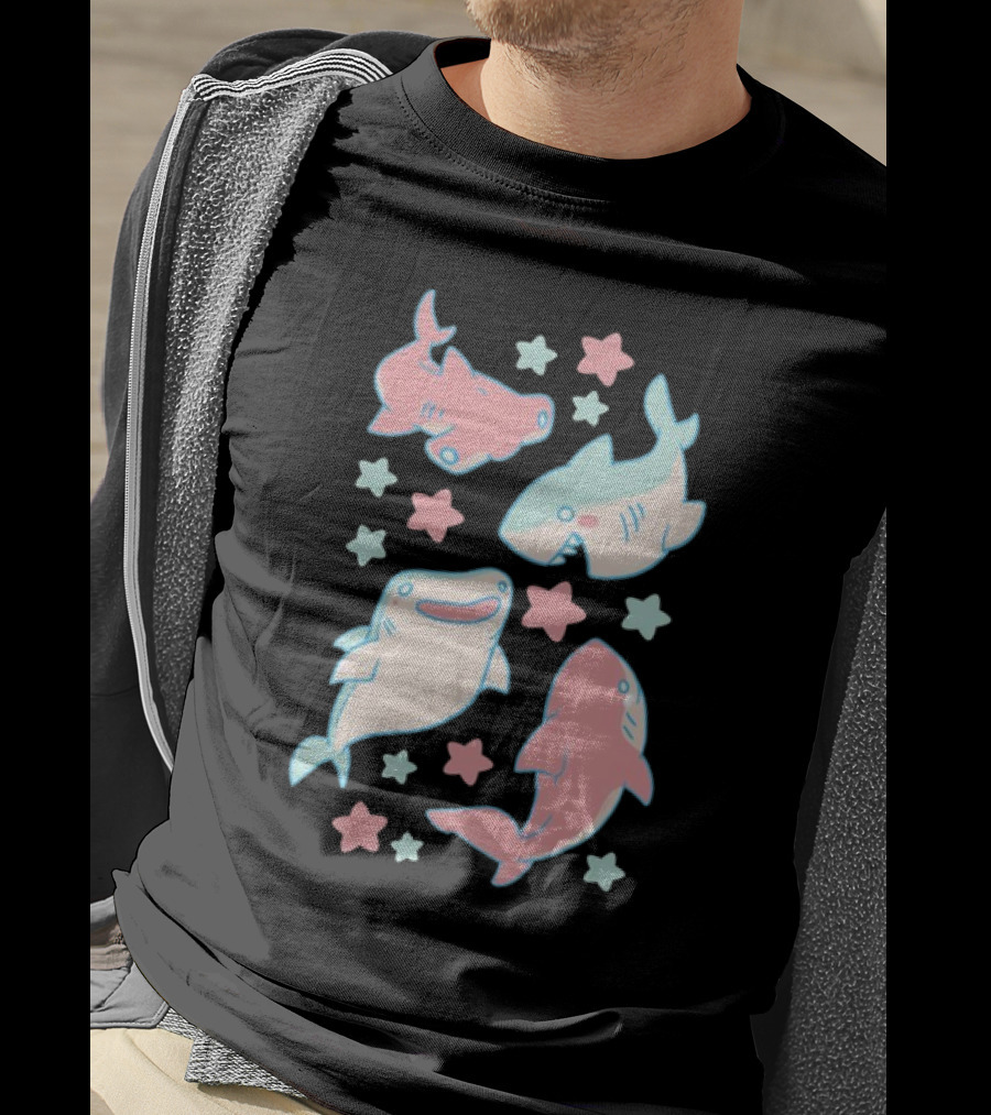 Happy Cartoon Sharks And Stars T-Shirt