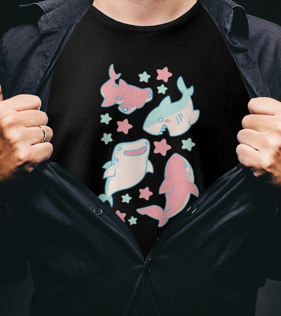 Happy Cartoon Sharks And Stars T-Shirt