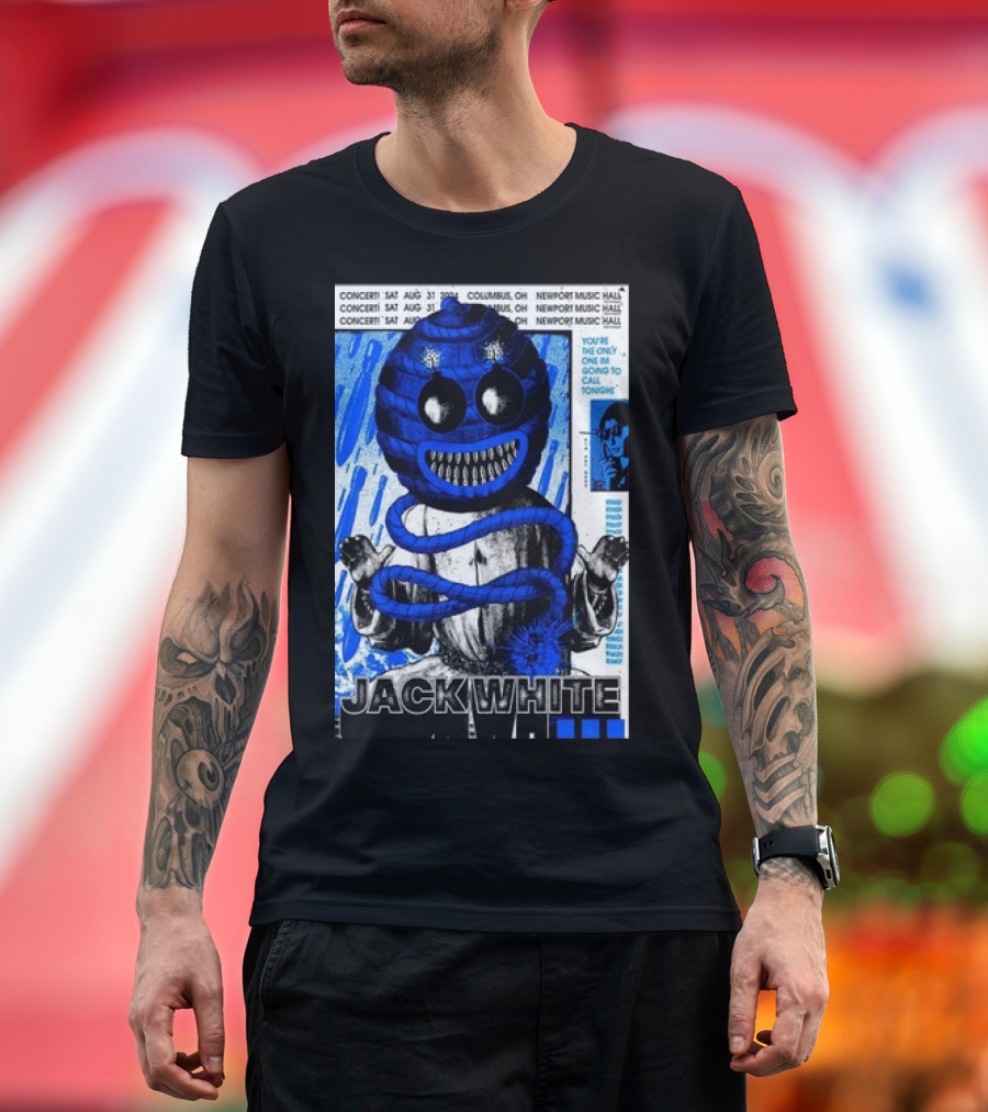 Jack White Concert Sat Aug 31 2024 Columbus OH Newport Music Hall Bold Blue Grinning Globe T-Shirt