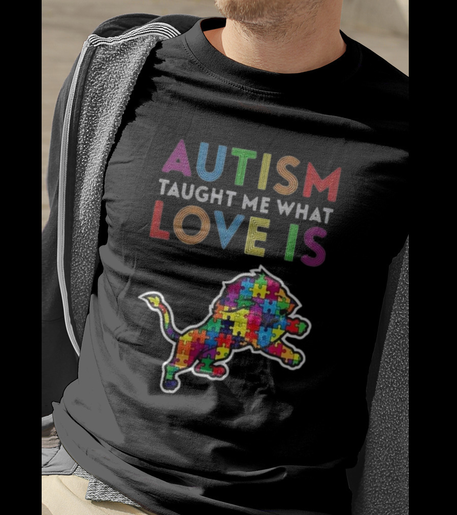 Detroit Lions Autism Taught Me What Love Is Puzzle Lion T-Shirt