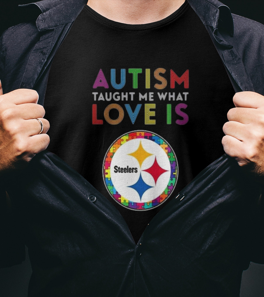 Autism Taught Me What Love Is Pittsburgh Steelers Puzzle T-Shirt