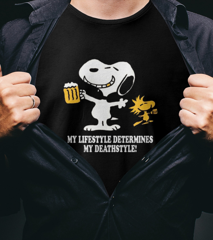 Snoopy And Woodstock Holding Beer My Lifestyle Determines My Deathstyle T-Shirt