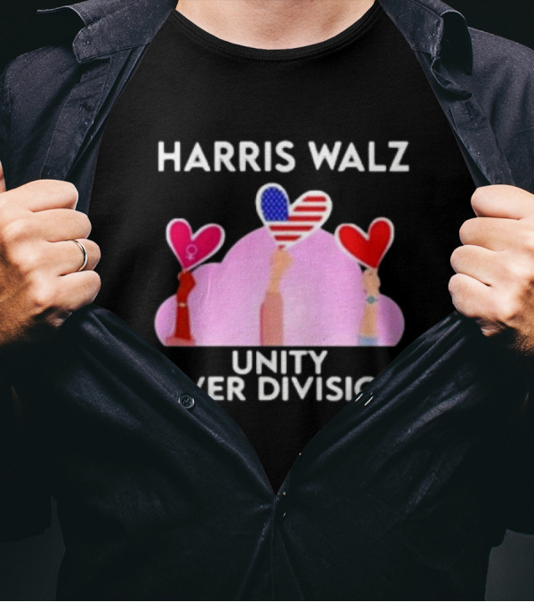 Harris Walz Unity Over Division 2024 Hearts American Flag T-Shirt