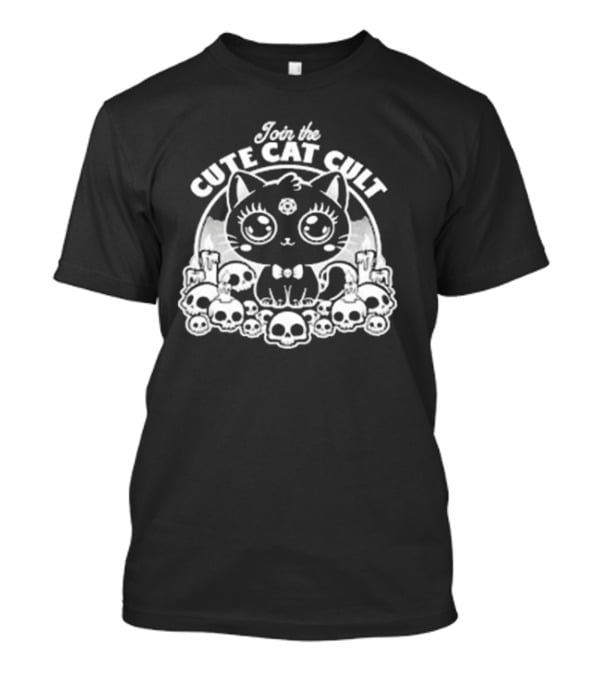 Join The Cute Cat Cult Black And White Skull Cat Surrounded By Skulls T-Shirt