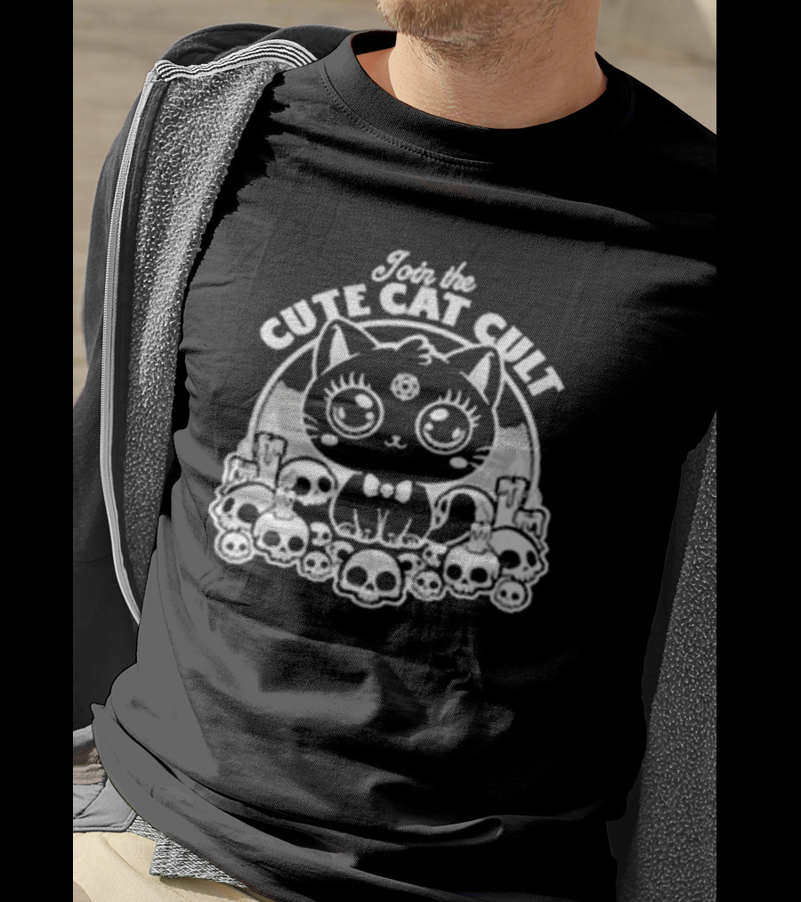 Join The Cute Cat Cult Black And White Skull Cat Surrounded By Skulls T-Shirt