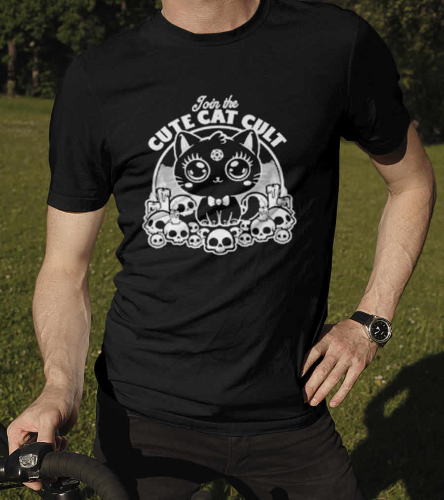 Join The Cute Cat Cult Black And White Skull Cat Surrounded By Skulls T-Shirt