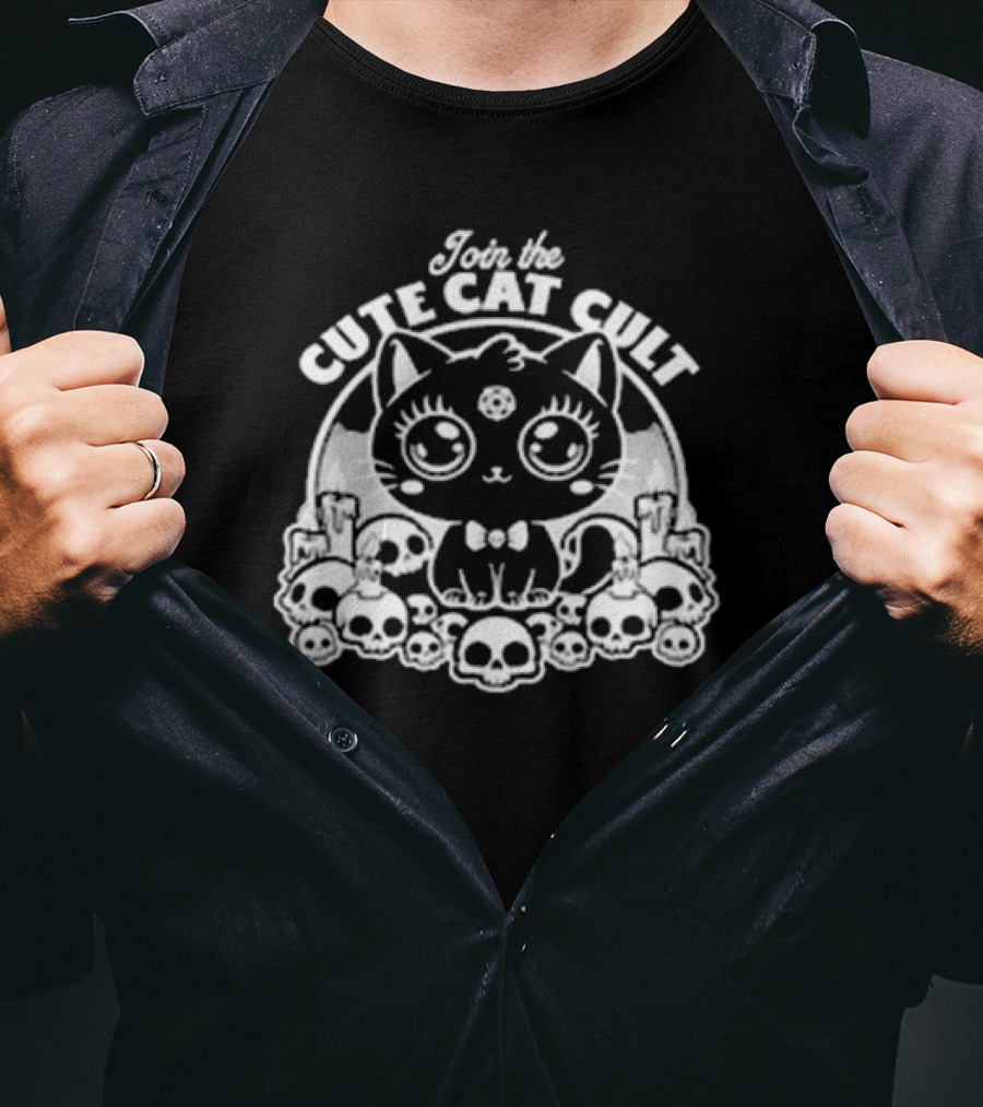 Join The Cute Cat Cult Black And White Skull Cat Surrounded By Skulls T-Shirt