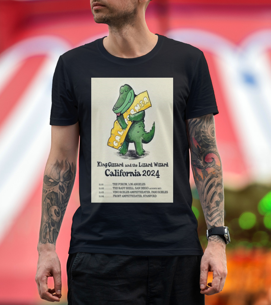 King Gizzard And The Lizard Wizard California 2024 Tour with Alligator Hugging California Sign T-Shirt