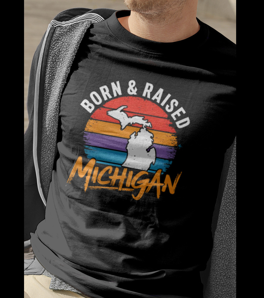 Born And Raised Michigan Vintage Sunset Map Stripes T-Shirt