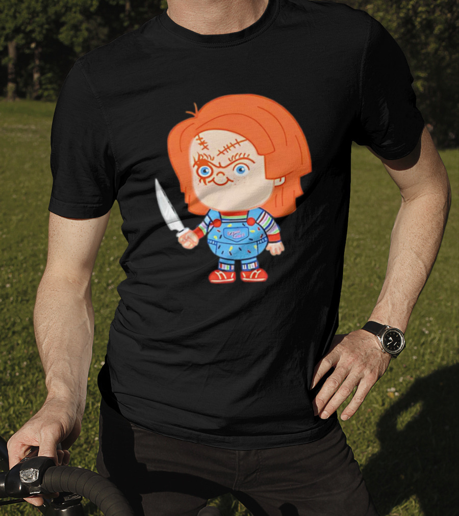 Chucky Evil Doll With Knife In Striped Lovely Overalls T-Shirt