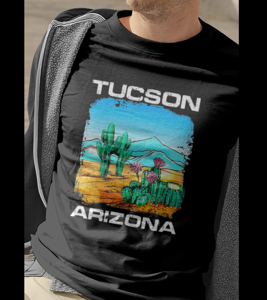 Tucson Arizona Retro Desert Scene With Cactus And Mountains T-Shirt