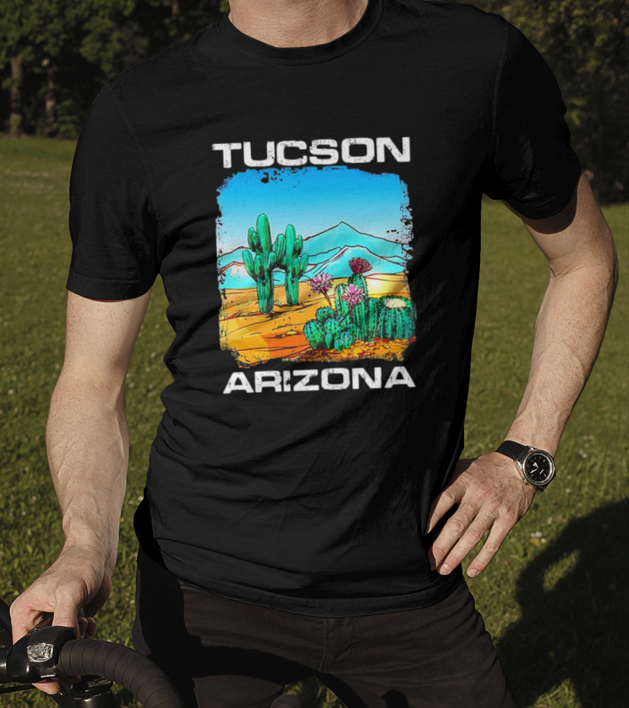 Tucson Arizona Retro Desert Scene With Cactus And Mountains T-Shirt