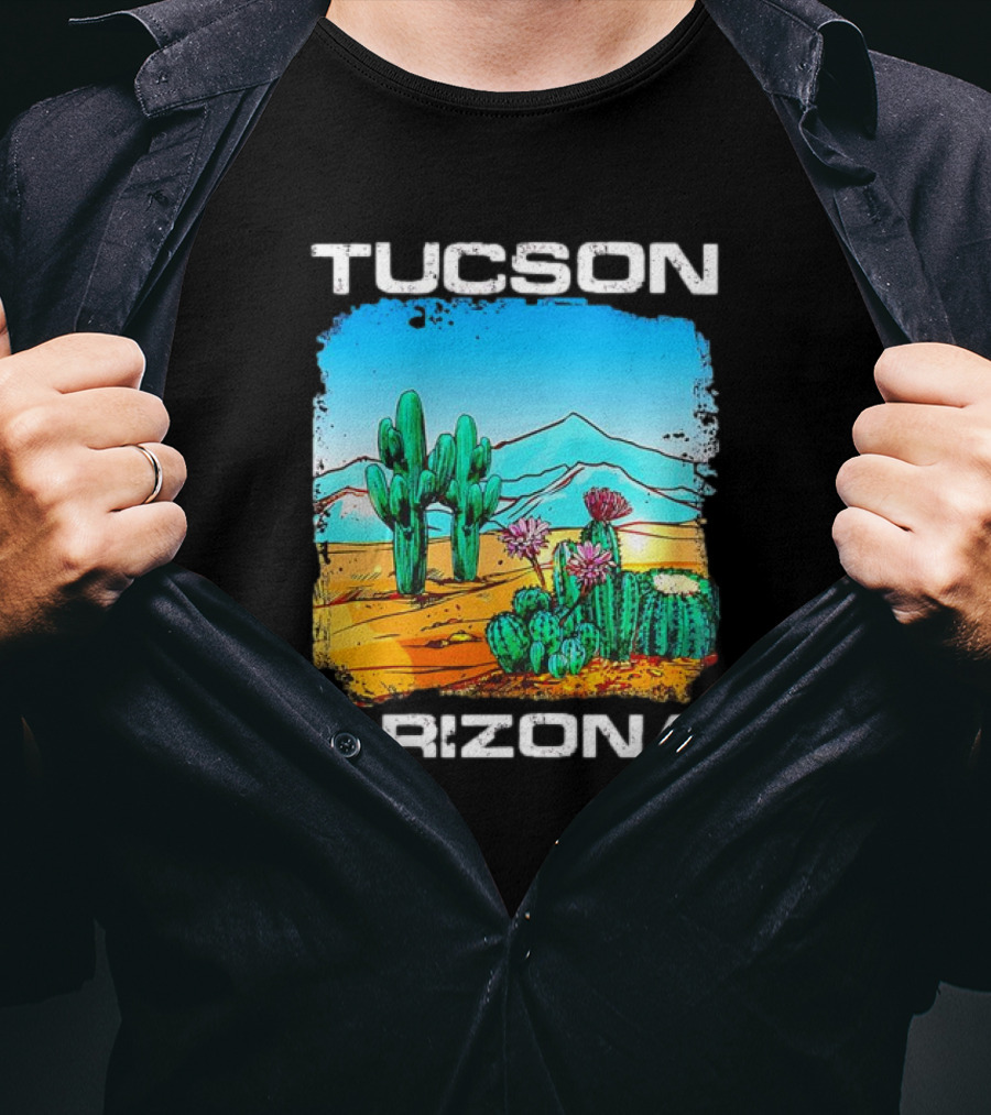 Tucson Arizona Retro Desert Scene With Cactus And Mountains T-Shirt