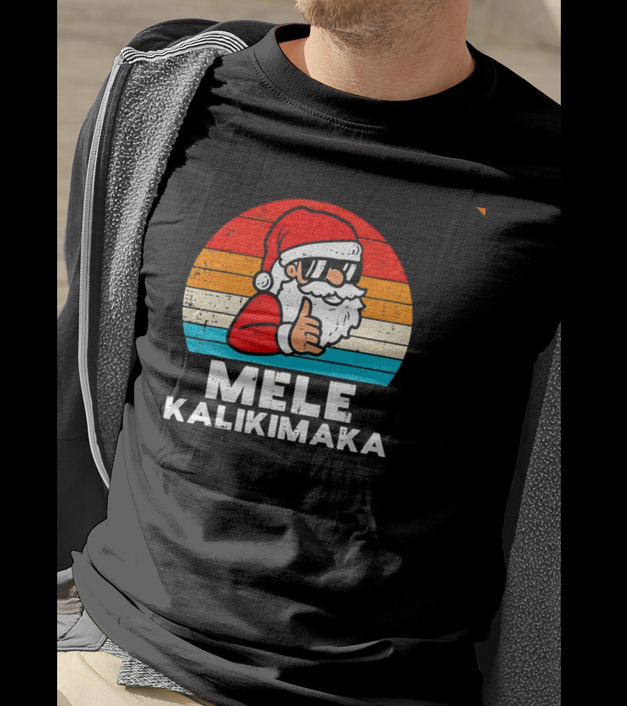 Santa Mele Kalikimaka Christmas Vintage Retro Sunset Thumbs Up T-Shirt