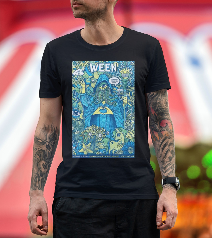 Ween August 8 2024 Event Pioneer Courthouse Square Portland OR Trippy Psychedelic Wizard and Mythical Creatures T-Shirt