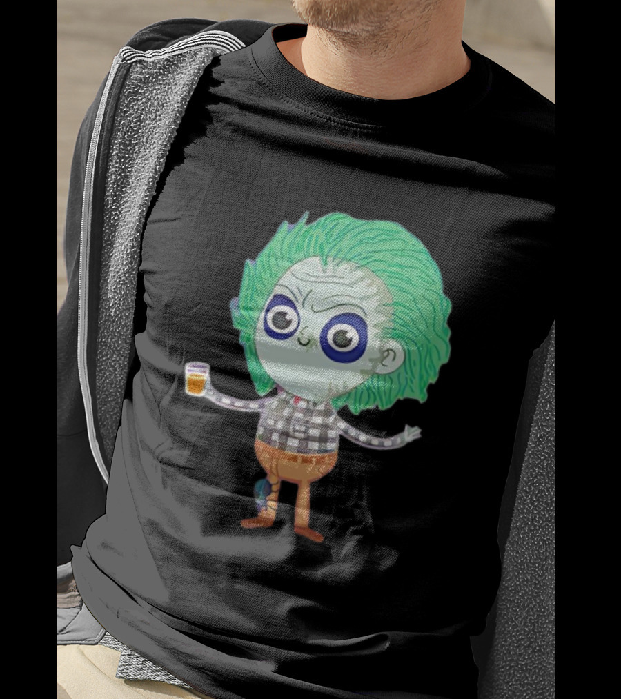 Beetlejuice Ghost Exorcist Cartoon Character With Drink T-Shirt
