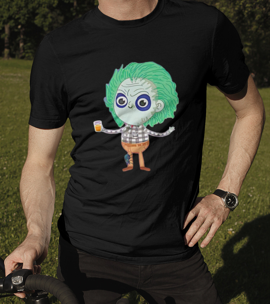 Beetlejuice Ghost Exorcist Cartoon Character With Drink T-Shirt